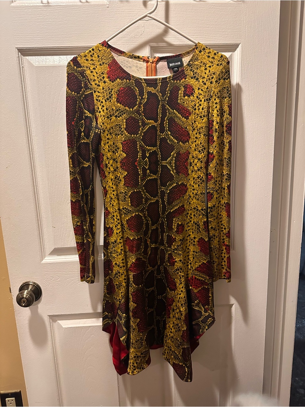 Just Cavalli Yellow and Red Snake-Print Long Sleeve Flared Dress
